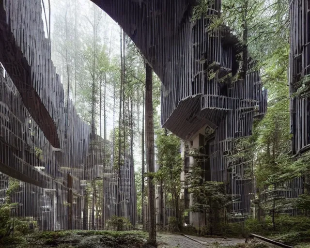 Image similar to amazing architecture, forest brutalism style, mix of paganism and cyberpunk, real structures, architectural genius, wow