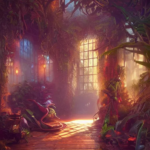 Image similar to hyperreal ultra detailed intricate victorian jungle room by peter mohrbacher and dan mumford, cgsociety, volumetric light