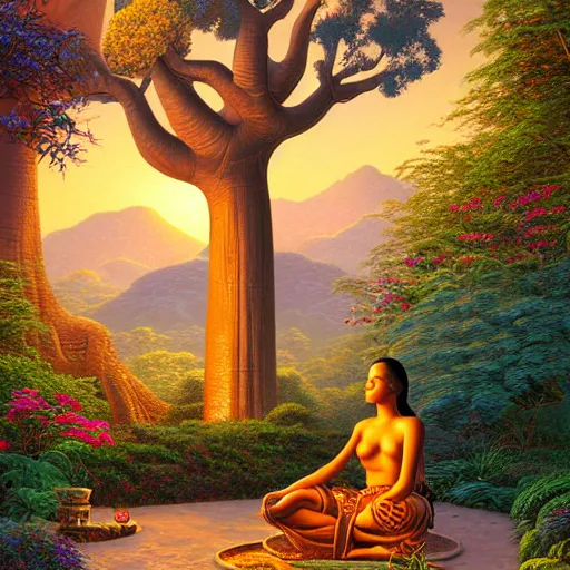 Prompt: a stunning aftican woman with a golden glow meditating in an african zen garden with a baobab tree at sunset, by dan mumford and thomas kinkade and thomas blackshear, oil on canvas