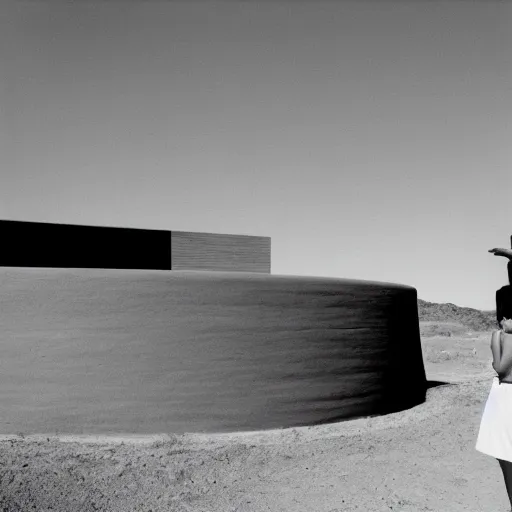 Prompt: lustful woman standing outside a Non-Euclidean orb-like clay house sitting in the desert and looking at her phone, vintage photo, beautiful cinematography, blue sky, film grain, James Turrell