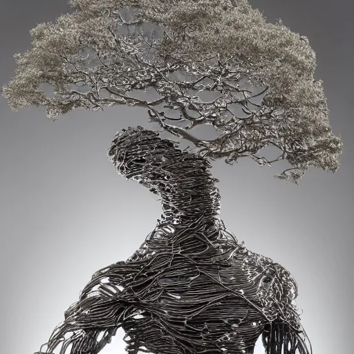 Image similar to a human man statue encased by a cosmic tree, a sense of awe, amazement, monogon, plasma display, wooden, silver, mercury, damascus, armature wire, multiscopy, morph, in a symbolic and meaningful style, insanely detailed and intricate, hypermaximalist, elegant, ornate, hyper realistic, super detailed,