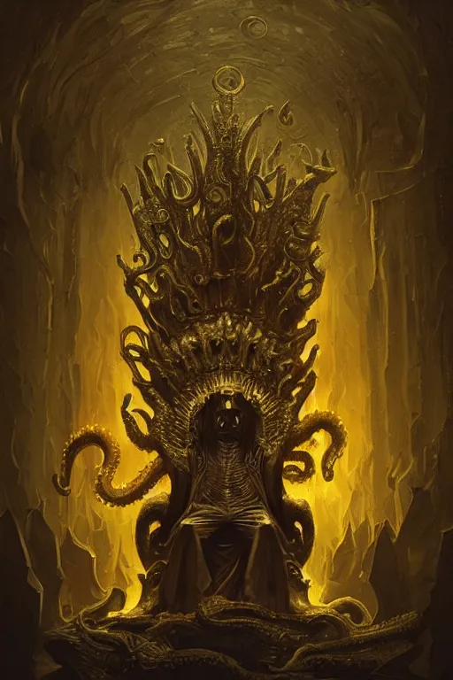 Image similar to lovecraftian gilded king on a throne in the underworld, underworld, hell, monster, devil, demon, digital art, in the style of greg rutkowski, trending on artstation