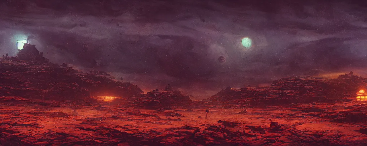 Image similar to ” barren landscape at night, [ cosmic, cinematic, detailed, epic, widescreen, opening, establishing, mattepainting, photorealistic, realistic textures, octane render, art by slop and paul lehr ] ”