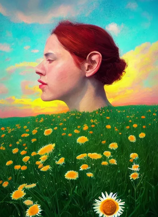 Image similar to portrait of a woman, head made of giant daisies, in a flower field, surreal photography, sunset dramatic light, impressionist painting, colorful clouds, large sky, digital painting, artstation, simon stalenhag