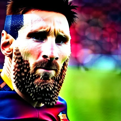 Image similar to Lionel Messi with a majestic beard, closeup, cinematic shot, 4k, award winning photo