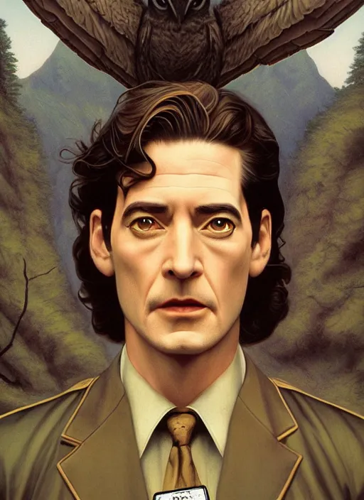 Image similar to twin peaks poster art, by michael whelan, rossetti bouguereau, artgerm, retro, nostalgic, old fashioned, dale cooper, kyle mclaughlin, large owl wings wrap around dale cooper