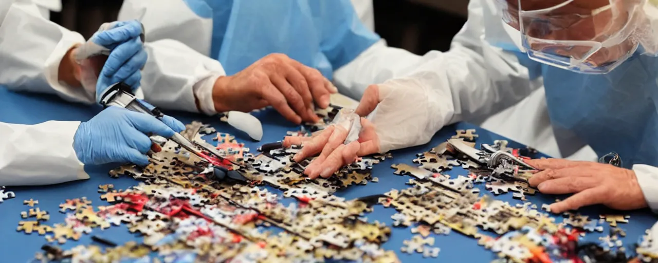 Prompt: a surgeon using a scalpel on a jigsaw puzzle on a table