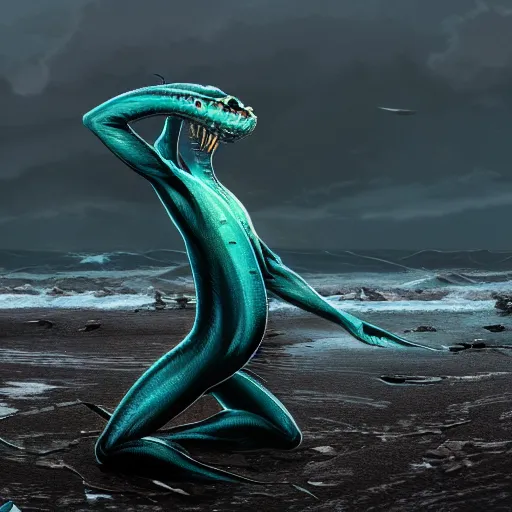 Image similar to a stunning cinematic wide shot of a beautiful confident slick sleek smooth humanoid sea monster wearing clothes made of seaweed on a dark stormy beach, well designed perfect with huge sad eyes, sharp claws, cgsociety, hd octane render, fantasy, furry art, artstation, deviantart, furaffinity, very very clean