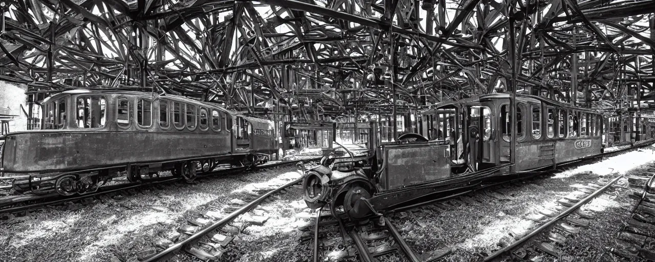 Prompt: early trains built with spaghetti engines, canon 5 0 mm, cinematic lighting, photography, retro, black and white film, kodachrome