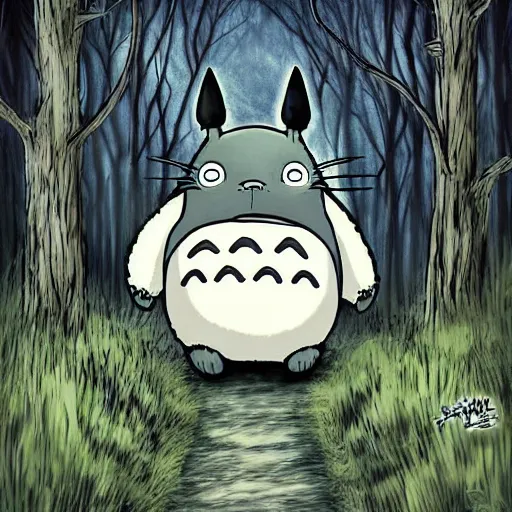 Image similar to totoro in a black metal band in the middle of the forest, fantasy digital art, wow, stunning, ghibli style, hight quality