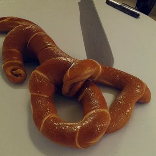 Prompt: “ a very long dachshund twisted in the shape of a pretzel, photorealistic ”