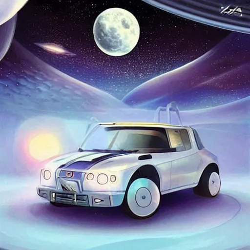 Image similar to yugo, moon, in space, futuristic style, retrofuturism