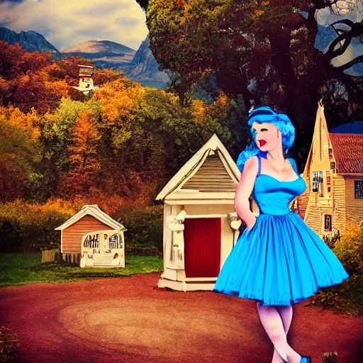 Prompt: giant alice in wonderland, pin up, houses, trees, mountains, woman, city, digital art, photo, blue dress, collage