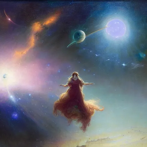 Image similar to a lonley and gloomy baby in middle of space surrounded by colorful stars planets and galaxies, high detail, by gaston bussiere, bayard wu, greg rutkowski, odd nerdrum, maxim verehin, dan dos santos, masterpiece, sharp focus, cinematic lightning