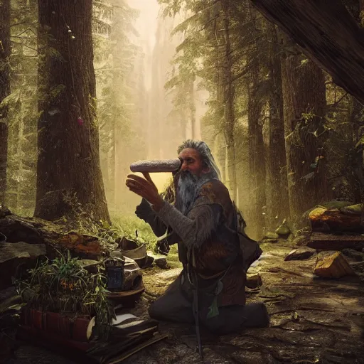 Image similar to realistic a human hobo druid with nature magic around, fantasy book, d & d, high detail, 8 k, octane render painting, dark fantasy