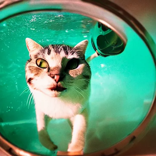 Image similar to photograph of cat wearing diving gear swimming in a vat of acid