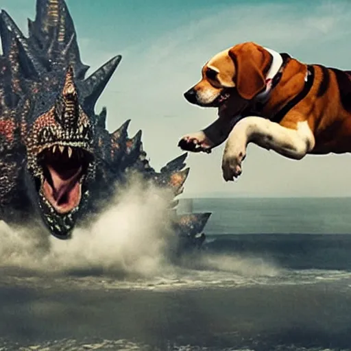 Prompt: photo of gigantic beagle fighting with godzilla