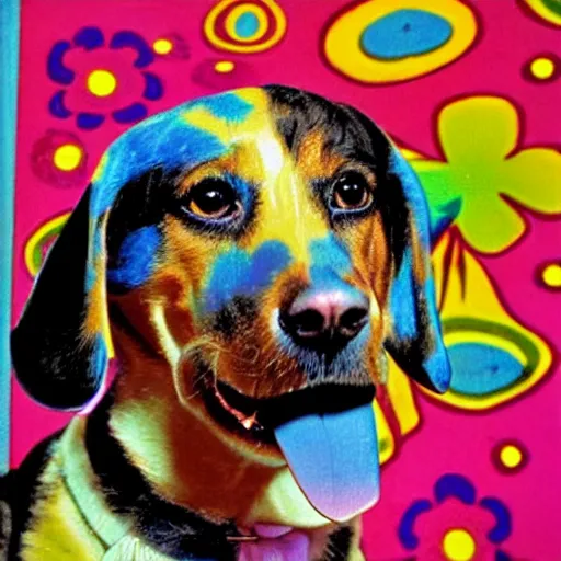 Prompt: 6 0 s kitsch and psychedelia unflappable patty dog