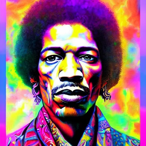 Image similar to An extremely psychedelic portrait of Jimi Hendrix, surreal, LSD, face, detailed, intricate, elegant, lithe, highly detailed, digital painting, artstation, concept art, smooth, sharp focus, illustration