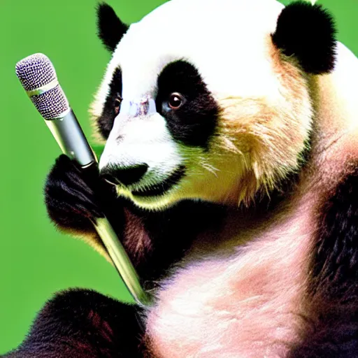 Image similar to a panda singing into a microphone, dramatic, beautiful, kodachrome film