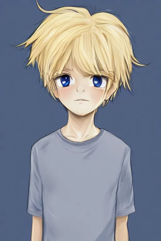 Image similar to blonde hair boy anime character, symmetrical, highly detailed, digital art, sharp focus, trending on art station, blue eyes, pastel colours, chibi