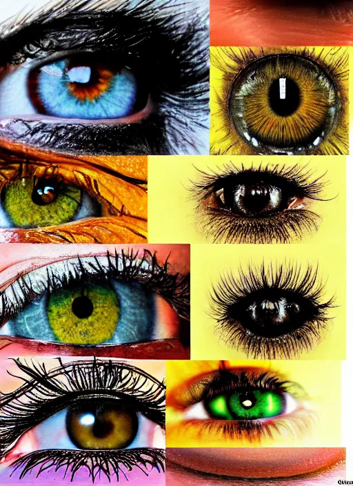 Prompt: grid montage of eyes, detailed colored textures, eyelashes, advanced art, art styles mix, from wikipedia, wet relections in eyes, sunshine, hd macro photograph, from side, various eye shapes, spherical black pupil