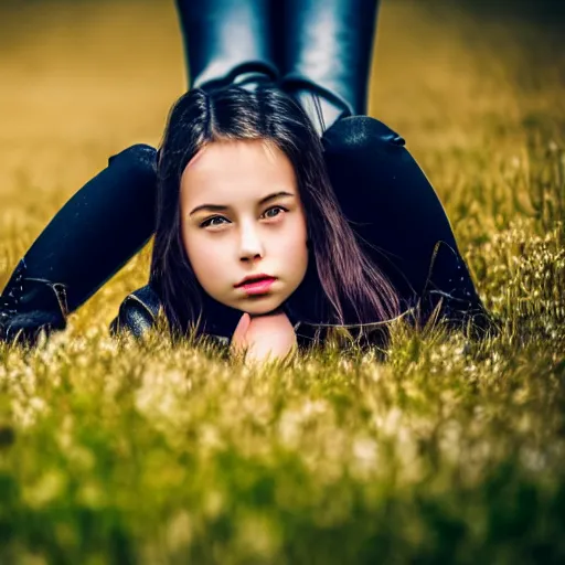 Image similar to young girl lies on a meadow, she wears leather jacket, jeans and knee high black boots, sharp focus, photo taken by nikon, 4 k,