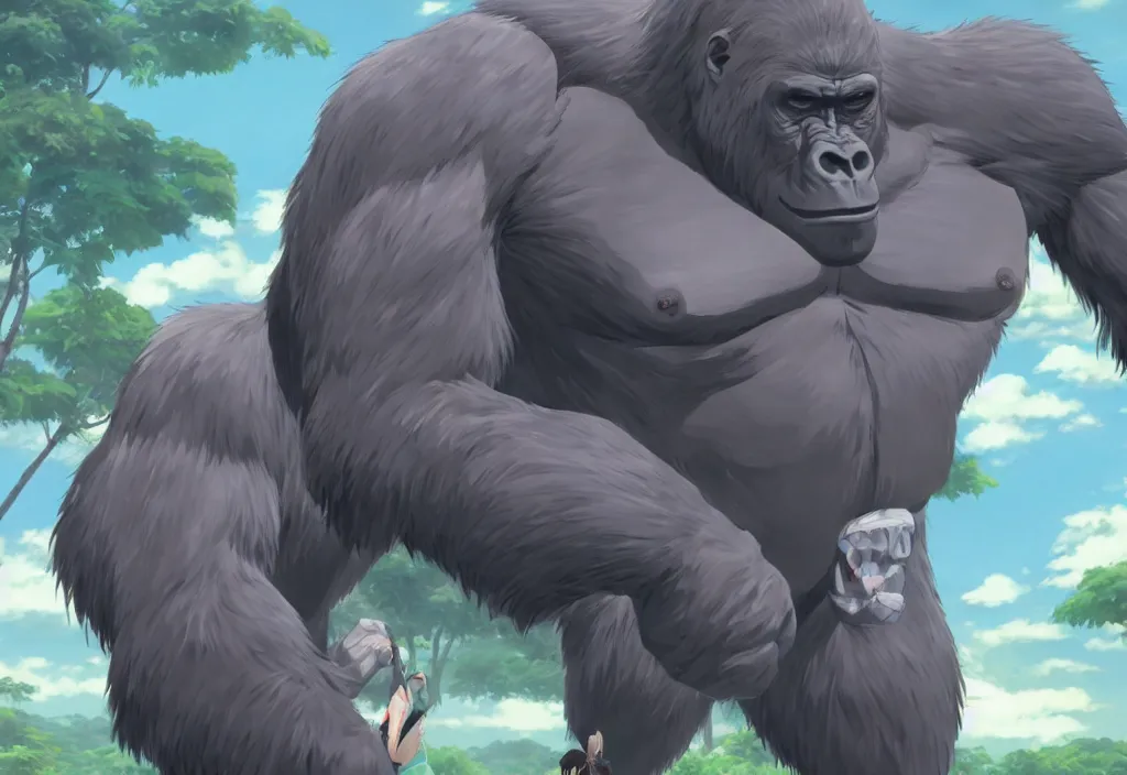 Image similar to a gigantic silverback gorilla beating its chest, by Makoto Shinkai, beautiful