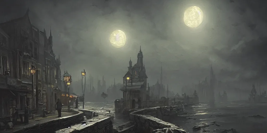 Prompt: innsmouth dramatic lighting city background night moon chiaroscuro high detail painted by greg rutkowski painted by igor kieryluk painted by bobb