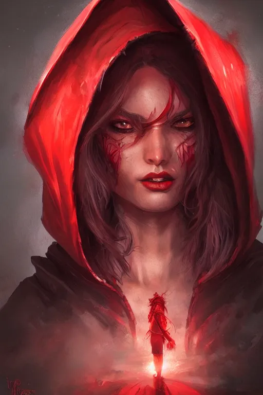 Image similar to demon red riding hood, d & d, fantasy, portrait, highly detailed, headshot, digital painting, trending on artstation, concept art, sharp focus, illustration, art by artgerm and greg rutkowski and magali villeneuve