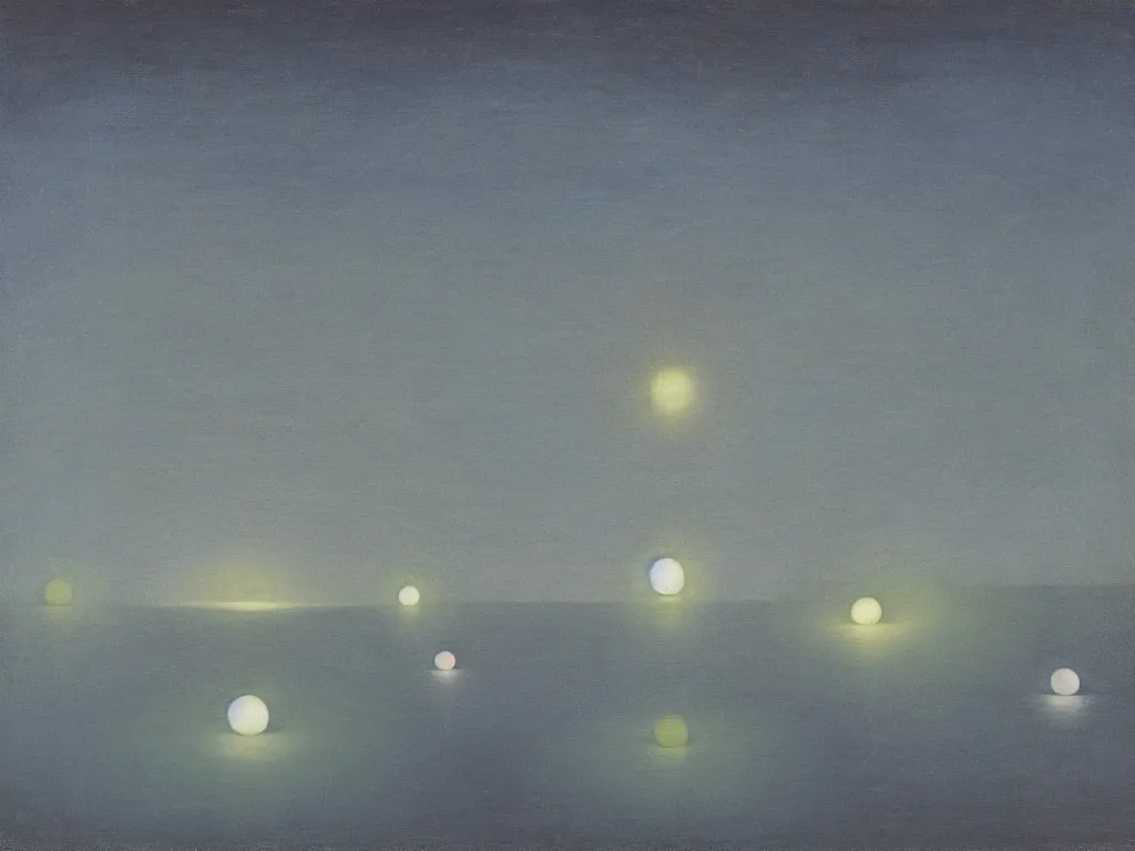 Image similar to bioluminescent spheres floating in row to infinity above the dark waters. painting by agnes pelton, max ernst, rene magritte, bosch.