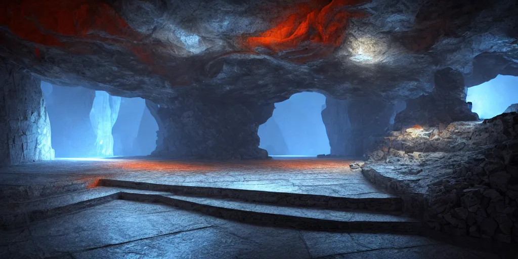 Image similar to crooked stairway made of stone inside a gloomy cave with atmospheric lighting, smoke, photorealistic rendering, blue and orange lights in the distance, octane, redshift, unreal engine