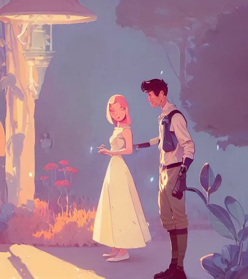 Image similar to a princess and a prince near face to face in the beautiful garden by atey ghailan, by greg rutkowski, by greg tocchini, by james gilleard, by joe fenton, by kaethe butcher, dynamic lighting, gradient light blue, brown, blonde cream and white color scheme, grunge aesthetic