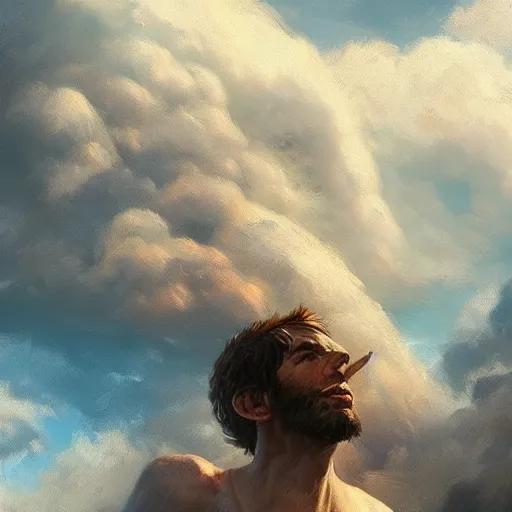 Image similar to a colossal god smoking the clouds, highly detailed, digital painting, artstation, octane render, concept art, matte, sharp focus, illustration, impressionist painting