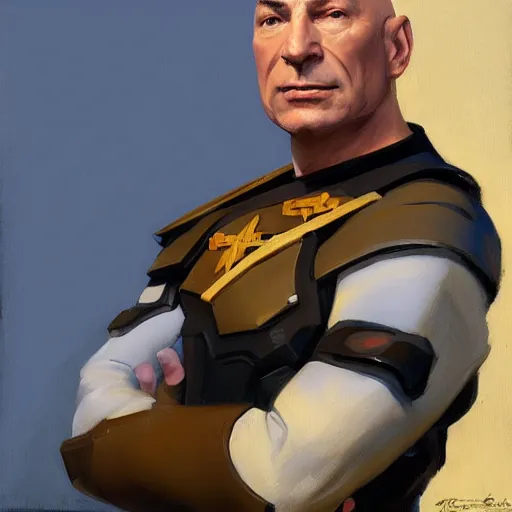 Image similar to greg manchess portrait painting of partially armored jean luc picard as overwatch character, medium shot, asymmetrical, profile picture, organic painting, sunny day, matte painting, bold shapes, hard edges, street art, trending on artstation, by huang guangjian, gil elvgren, ruan jia, greg rutkowski, gaston bussiere