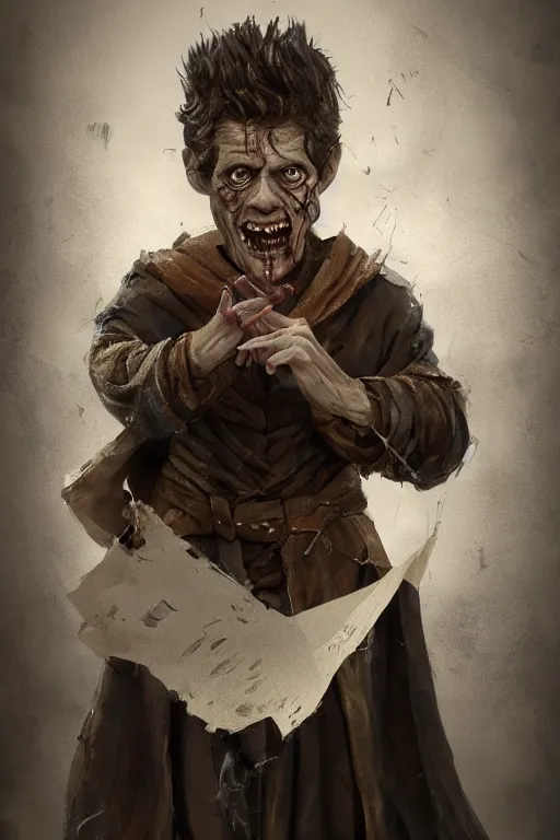 Image similar to A deranged tiny filthy halfling looking like Willem Dafoe wearing long dark damaged ripped robes showing a magic paper scroll, camera looking down upon, long fingernails, unclipped fingernails, sharp fingernails, focus on face, sharp focus, digital painting, trending on artstation, concept art, fantasy, medieval