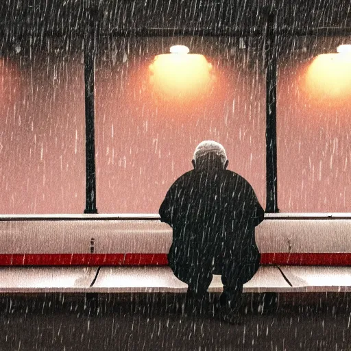 Image similar to lumpy swollen miserable man sitting at a bus stop in the rain, red lighting, atmospheric, realistic