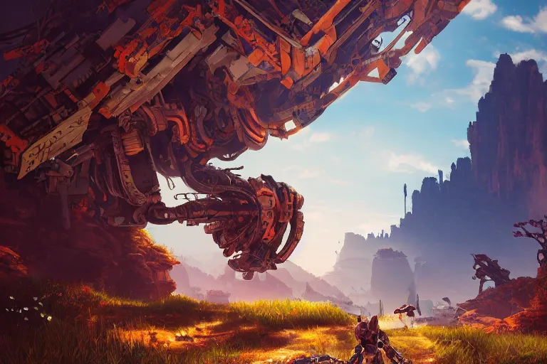 Image similar to rockbreaker machine mecanical creature robot of horizon forbidden west horizon zero dawn radiating a glowing aura global illumination ray tracing hdr fanart arstation by ian pesty and alena aenami artworks in 4 k