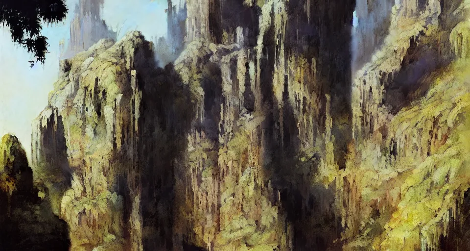 Image similar to unknown depth. a slender bridge of stone that spanned the chasm with one curving spring of fifty feet, rune - carved stone monolith intricate, vivid colors, elegant, highly detailed, john park, frazetta, john howe, ruan jia, jeffrey catherine jones