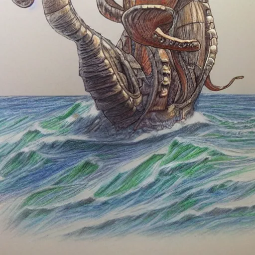 Image similar to coloured pencil drawing of a wonderful an big galion attacked by a giant octopus, rainy day an big waves. d & d, illustration, realism, trending on artstation