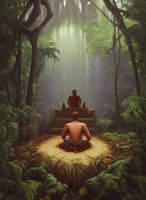 Prompt: an indigenous man sitting and praying in the jungle, while spirits of his ancestors watch over him from above, art by christophe vacher