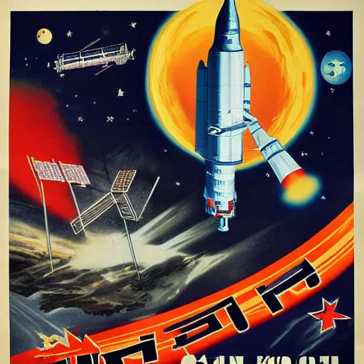 Image similar to [North Korean space mission, 1950 poster, very detailed, cinematic lighting, matte, sharp, photography]