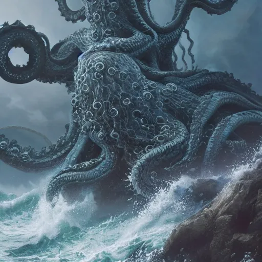 Image similar to a kraken rising out of a stormy sea, au naturel, hyper detailed, digital art, trending in artstation, cinematic lighting, studio quality, smooth render, unreal engine 5 rendered, octane rendered, art style by klimt and nixeu and ian sprigger and wlop and krenz cushart