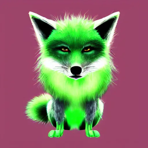 Image similar to photorealistic green fox with green fur and glowing magenta eyes, wearing a black hoodie