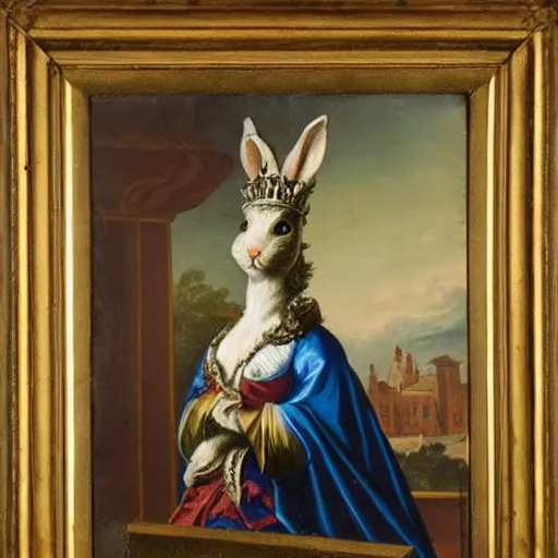 Image similar to a rabbit wearing a crown dressed as a queen, 18th century oil painting