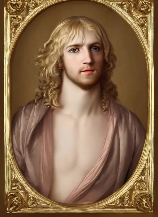 Image similar to portrait of a blond handsome man with long hair in baroque art, anime inspired, High Res 8K,hyperdetailed