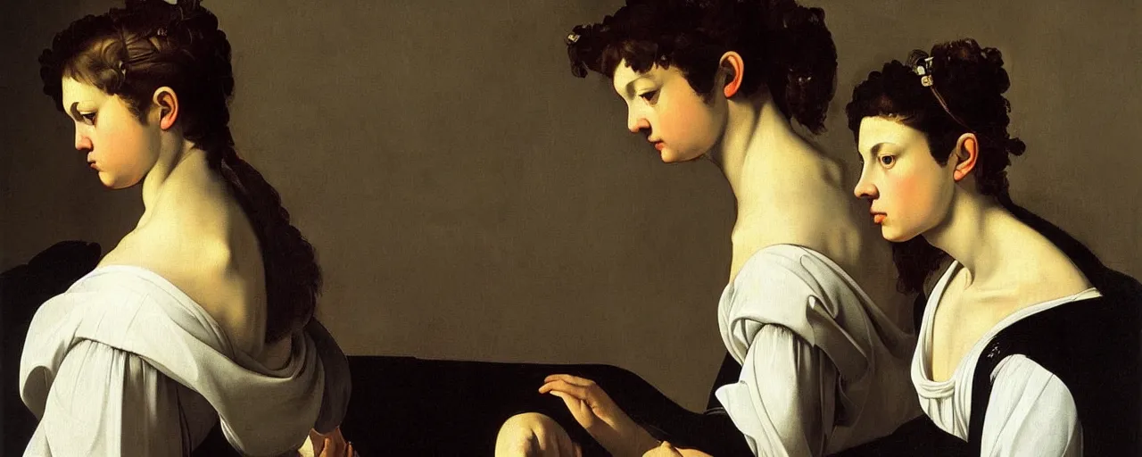 Prompt: painting by caravaggio, young woman in baroque dress, detailed, stunning