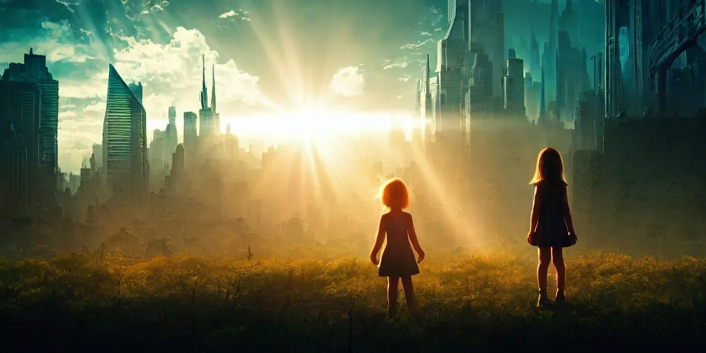 Image similar to textless sci - fi scene future new york cityscape, little girl in manhattan holding hand of giant robot, lonely girl, forest punk, crepuscular rays, epic scene, hyper realistic, photo realistic, overgrowth, cinematic atmosphere, ethereal lighting,