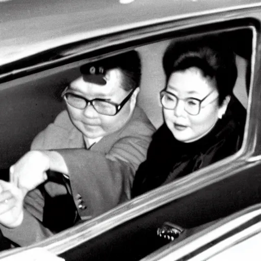 Image similar to 1960s press archive of the actress Kim Jong-il coming out of a car, faces obscured, Reuters, 35mm film, film grain, mysterious exterior, underexposed