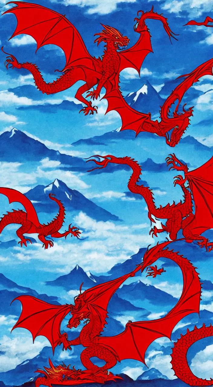 Prompt: a red dragon fighting a blue dragon with mountains in the background